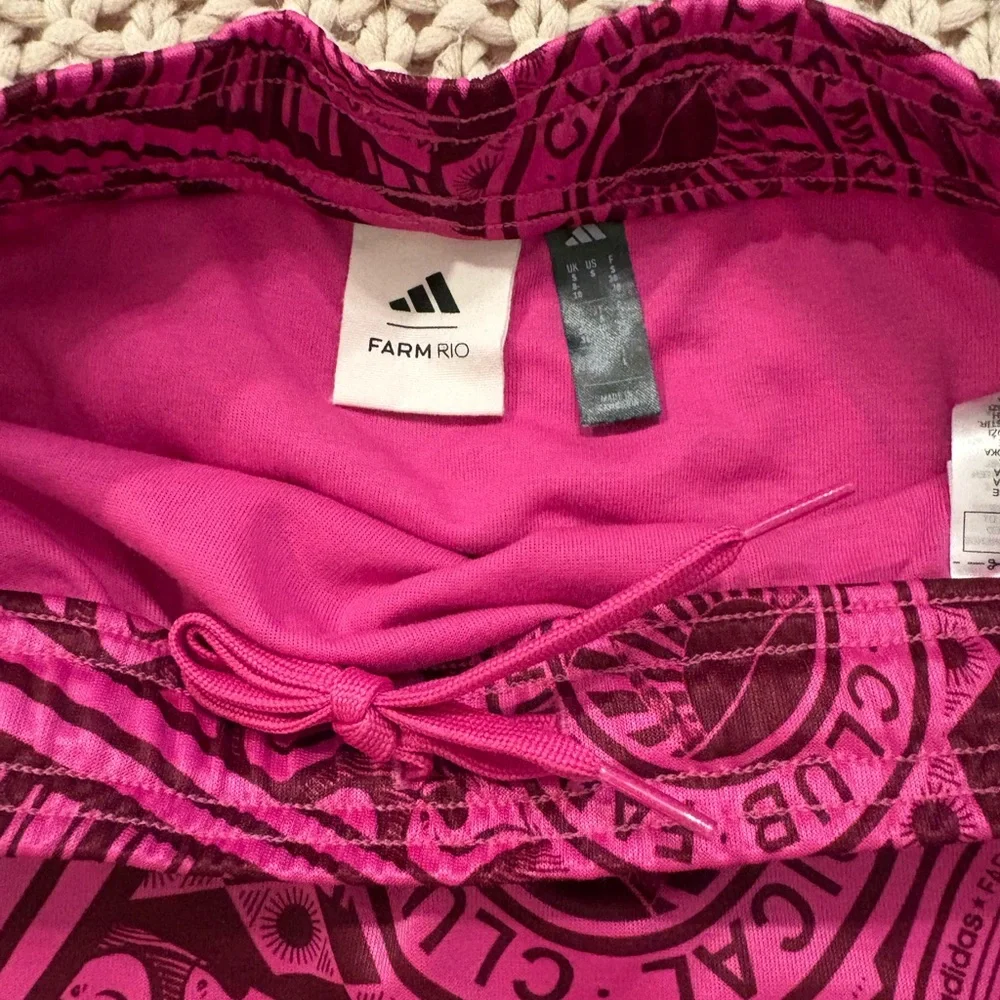 FARM Rio x Adidas Pink Tropical Print Mini Skirt with Gold Stripes - Picture 9 of 12